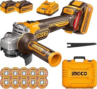 INGCO 115mm Cordless Angle Grinder 20V Brushless Angle Grinder Tools 9000RPM M14 with 2Pcs 4.0Ah Batteries, 1Pcs Fast Charger, 10Pcs Cutting Discs for Cutting, Polishing and Sharpening CAGLI211542