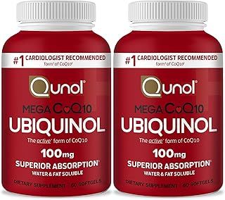 Qunol Ubiquinol CoQ10 100mg Softgels, Mega Ubiquinol 100mg - Superior Absorption - Active form of Coenzyme Q10 for Heart Health - 4 Month Supply - 60 Count (Pack of 2)