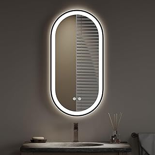 Warmiehomy Bathroom Mirror with LED Lights,Oval 400x800mm Illuminated LED Bathroom Mirror with Touch Switch 3 Colour Dimmable Lights Demister Pad