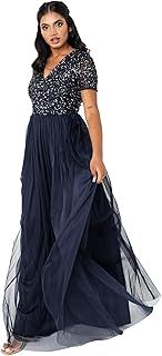 Maya Deluxe Women's Ladies Dress for Wedding Guest Plus Size Empire High Waist Sequins Short Sleeve Evening Bridesmaid