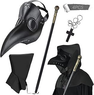 BUUFAN 4PCS Plague Bird Doctor Mask PU Leather Long Nose Beak Mask with Cloak Crucifixion Necklace Scepter for Cosplay Halloween