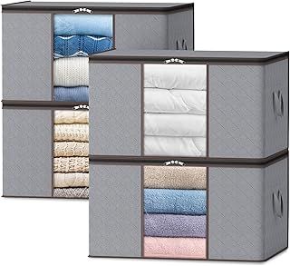 Lifewit 105L Clothes Storage Bags, Large Storage Boxes with Lid Moving Boxes Wardrobe Storage Organiser with Sturdy Fabric Clear Window for Clothing Bedding Comforters, 4 Pack, Light Grey
