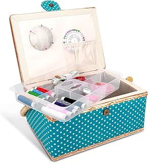 Navaris Sewing Box with Accessories - Sewing Basket with Organiser Tray Compartments 24.5 x 17.5 x 12.5 cm - Includes 76 Piece Kit - Dotted Design