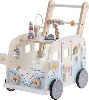 ROBUD Wooden Baby Walker for Toddlers, Wooden Baby Toys Push Along Baby Educational Toy Activity Walkers, Motor Skills Walker Baby Gifts for Boys Girls 6-12 Months-1-2 Year Old Babies(Holiday Bus)