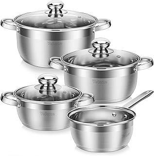Velaze Cookware Pot & Pan Sets, Saucepan Set Induction Suitable Set of 7-Stainless Steel