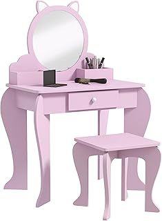 Kids Dressing Table, Kids Vanity Table, Girls Dressing Table with Mirror, Stool, Drawer, Storage Boxes, Cat Design, for Ages 3-6 Years - Pink