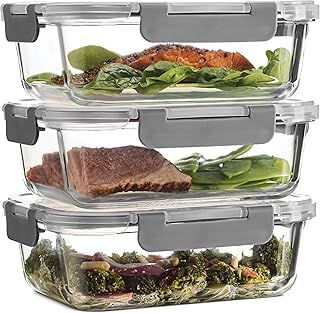 Superior Glass Food Storage Containers (Set of 3) Airtight BPA-Free Hinged Locking Lids - 100% Leakproof Glass Meal Prep Food Containers with Lids - Freezer to Oven Safe Takeaway Lunch Boxes - 1040ml