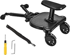 Portable Buggy Board with Seat, Universal Kiddy Boards Pram Standing Board,Stable Two Wheel Design,360° Rotation,Pram Accessory for Children from 2-6 Years(25kg),for 99% Baby Carriages(black)
