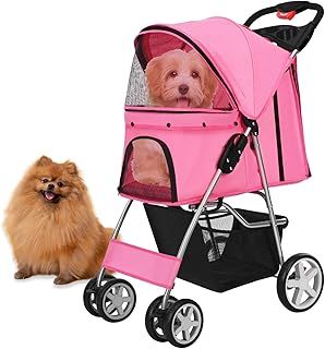 Flexzion Pet Stroller (Green) Dog Cat Small Animals Carrier Cage 4 Wheels Folding Flexible Easy to Carry for Jogger Jogging Walking Travel Up to 30 Pounds with Sun Shade Cup Holder Mesh Window
