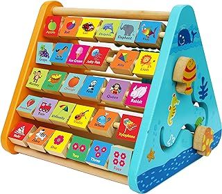 TOWO Wooden Activity Centre Triangle Toys - 5 in 1 Alphabet Blocks, Abacus Clock, Cube for Toddlers - Montessori Learning Toys for Babies 1 Year Old