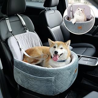 Dog Car Seat Dog Car Bed for Small & Medium Dogs and Cats – Detachable & Washable Pet Travel Seat with Supportive Foam Cushion, Safety Leash & Storage Pockets