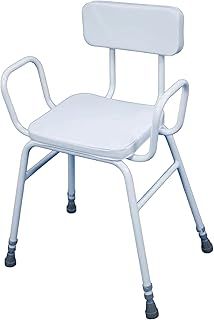 Perching Stool with Tubular Arms & Padded Back - Ergonomic Resting Chair for Kitchen & Ironing - Comfortable & Supportive Design - Adjustable Height & Non-Slip Feet for Safety | White
