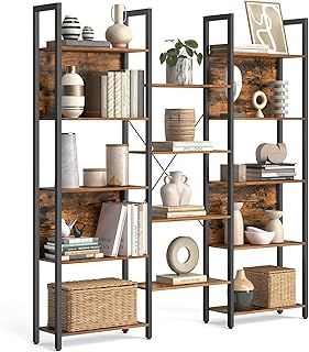 VASAGLE Bookcase, Bookshelf with 14 Shelves, Metal Frame, Shelf Unit for Living Room, Home Office, Industrial Style, 24 x 158 x 166 cm, Rustic Brown and Ink Black LLS107B01