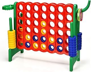 COSTWAY Giant Connect 4, 3-in-1 Indoor Outdoor Family Game with Basketball Hoop, Ring Toss, 42 Jumbo Rings, Quick-Release Slider, Four in A Row Game Set for Kids Adult (Green)