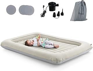 COSTWAY Inflatable Toddler Travel Bed, 2 Sides Kids Air Mattress with Safety Rails, Electric Pump, Storage Bag, Portable Blow Up Child Beds for Camping Traveling Sleepover