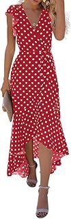 GRECERELLE Womens Summer Maxi Dress Boho Floral Cocktail Midi Polka Dot Wrap Dresses V Neck Casual Party Bohemian Flowy Long Dress for Ladies