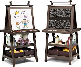 COSTWAY 3 in 1 Kids Art Easel, Double-Sided Blackboard and Magnetic Whiteboard Easels with Paper Roll, Storage Boxes & Racks, Children Educational Toys Gift (Coffee)