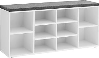 VASAGLE Shoe Bench, Shoe Shelf, Shoe Rack, Storage Cabinet, 10 Compartments, with Cushion, for Entryway, 104 x 30 x 48 cm, White LHS10WT