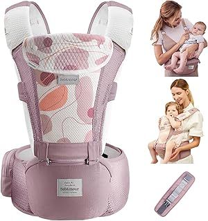 Bebamour Baby Carrier Newborn to Toddler, Ergonomic Hip Seat Carrier 0–36 Months, Adjustable Waist Belt with Head Hood, Teething Pads & Waist Extender, Pink