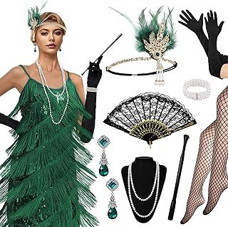 12Pcs 1920s Sequin Fringed Dress with Accessories, Roaring 20's Great Gatsby Flapper Dress with Headband Pearl Necklace for Women Ladies
