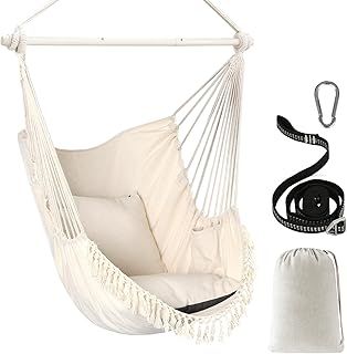 Chihee Hammock Chair Hanging Swing Max 500 Lbs 2 Cushions Included Steel Spreader Bar with Anti-Slip Grooves Portable Hanging Chair Side Pocket Large Macrame Bohemian Chair Indoor Outdoor