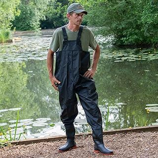 Mens PVC Black Chest Waders and Boots Flood Work Carp Fly Fishing Size 7 8 9 10 11 12