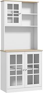 HOMCOM Freestanding Kitchen Cupboard, Storage Cabinet with Doors and Adjustable Shelves, Counter Top, Grid Glass Doors, 80L x 37W x 183H cm - White