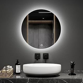 EMKE Round Bathroom Mirror with Led Lights - 50CM Wall Mounted Vanity Mirror Frameless Circular Bathroom led Mirrors with Touch Switch, Adjusting Brightness, Illuminated Smart Mirrors