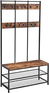 VASAGLE Large Coat Rack, Entryway Cabinet with 12 Hooks and Shoe Bench, Industrial Style Cloakroom Shelf, Office Bedroom, Steel Frame, Rustic Brown and Black HSR86BX