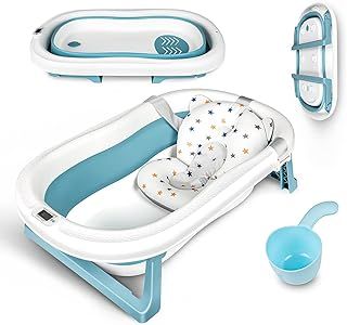 Large Size Baby Bathtub with Temperature Sensing, Foldable Baby Bath Tub with Cushion Pad, Non-Slip Support Leg, Collapsible Tub for Toddler Baby Kids Bathing | Shampoo Cup (Blue)