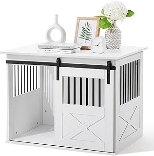 Dog Crate Furniture for Samll Dog, Heavy Duty Dog Crate with Sliding Door, Dog Furniture, Dog Kennel Indoor for Small/Medium Dog, Wooden Dog House, End Table, 90x60x66cm, White