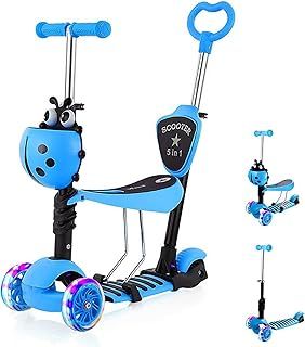YOLEO 5-in-1 Kids Scooter with Removable Seat, LED Flashing Wheels Height Adjustable 3 Wheels Kick Scooter with Push Handle for Toddlers, Boys and Girls from 2 Years