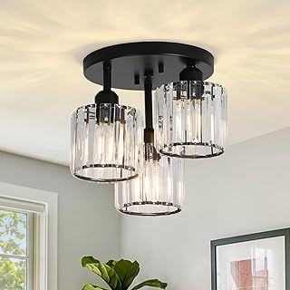Rayofly Modern Crystal Chandeliers, 3-Light Crystal Lights for Living Room, Black Semi Flush Ceiling Light Fittings for Hallway, Bathroom, Bedroom, Foyer, Kitchen