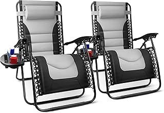 KEPLIN Set of 2 XXL Premium Heavy Duty Textoline Zero Gravity Chairs - Luxurious Garden Recliners, Adjustable Headrest, Cup & Phone Holder, Foldable & Easy to Clean Patio Sun Loungers (Light Grey)