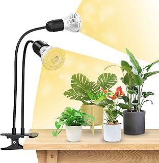 SANSI 300W LED Grow Lights for Indoor Plants with Lifetime Free E27 Grow Bulb Replacement, Full Spectrum Doule Gooseneck Clip Plant Grow Lamp with Optical Lens for Seedlings Plant Growing - Black