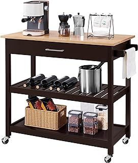 Yaheetech Rolling Kitchen Island Cart, Utility Storage Trolley on Wheels with Bamboo Worktop, Detachable Towel Rack and Drawer for Kitchen/Dining Room, Espresso