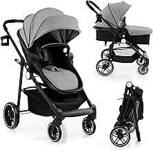 COSTWAY 2 in 1 Baby Pushchair, Foldable Travel System Pram with Reversible Seat, Adjustable Canopy, Storage Basket, Cup Holder, Lightweight Infant Stroller for 0-36 Months (Grey)