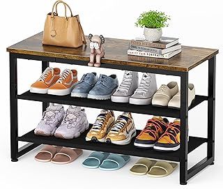 SIMPDIY Shoe Rack, 3 Tier Shoe Bench with Wooden Shelf, Shoe Storage Shoe Bench Storage with Seat for Entryway Living Room Hallway Bedroom, Load Capacity 150 kg, Rustic Brown