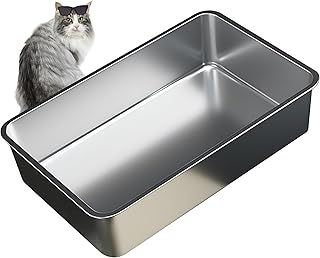 Vealind Stainless Steel Cat Litter Tray Heavy Duty 60L x 40W x15H CM, Metal Non Stick Surface Litter Box for Cats Anti-leakage Easy to Clean Open Top Kitty Litter Pan XL
