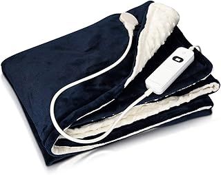 Navaris Blue/White Heated Throw Electric Blanket, 180 x 130cm Heated Blanket Machine Washable Electric Throw Overblanket with 3HR Auto-Off Timer and 3 x Control Heat Settings