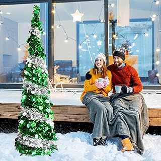5FT Pop Up Christmas Tinsel Tree, Collapsible Artificial Christmas Tree Artificial Pencil Christmas Trees with Shiny Sequins for Christmas Holiday Indoor Outdoor Xmas Decorations (Green)