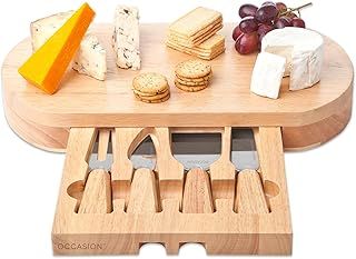 Occasion Oval Board with Integrated Drawer and 4 Specialist Cheese Knives, Wood, Brown, 35 x 19 x 4 cm