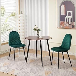 Homcasa Dining Table and Chairs Set 2, 80cm Round Wooden Dining Table and Velvet Dining Chairs Set of 2, Small Dining Room Set for Home Kitchen Office Meeting Café (Table with 2 Green Chairs)