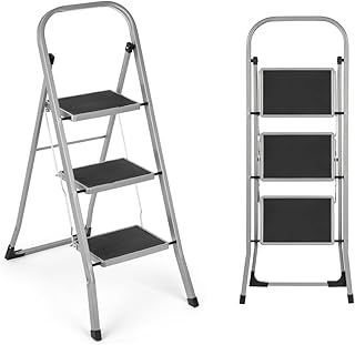 3 Step Ladder, Portable Folding Step Ladder Lightweight Sturdy Steel Ladder with Anti Slip Feet, Easy to Store Step Stools for DIY and Gardening, 150kg Capacity,Grey