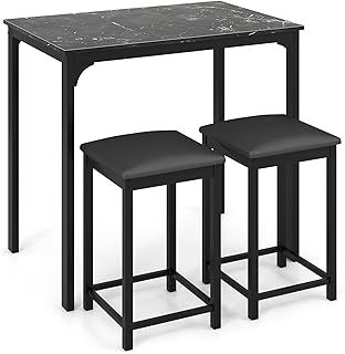 COSTWAY 3 Pieces Bar Table Set, Kitchen Counter Table and 2 Bar Stools with PU Leather Pad, Metal Frame Breakfast Dining Table Sets for Home, Pub, Living Room (Black)