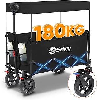 Sekey 250L Large Folding Camping Trolley with Removable Canopy, Heavy-Duty Collapsible Wagon Cart Loadable up to 180KG, Patented Four-Directional Foldable Design Outdoor Cart for Garden Beach, Black