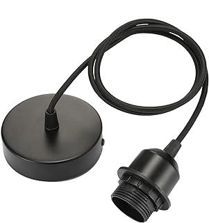 Linkind Ceiling Pendant Light Fitting, Metal E27 Screw Lamp Holder with Lock Ring for Shade, 100cm Braided Flex Cable, Industrial Style Ceiling Rose, Black, 1 Pack