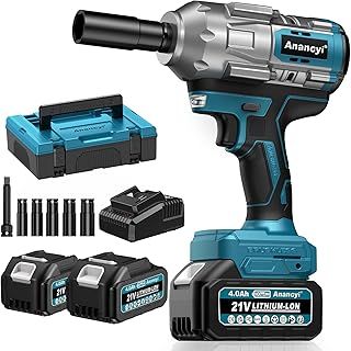 Cordless Impact Wrench 1300Nm Adjustable Torque for Trucks Cars, 1/2 Inch Brushless Motor Rotary Impact Wrench 2x4.0 Ah Battery, 6 Sockets (17/19/21/22/24 mm, 5 Inch Extension Rod)