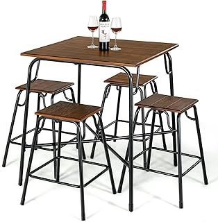 COSTWAY 5-Piece Dining Table Set, Counter Height Bar Table and 4 Stools with Footrest, Metal Frame Space Saving Breakfast Dining Furniture for Kitchen Pub Living Room