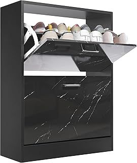 2 Drawer Shoe Cabinet, Wooden Shoe Storage Organiser Cupboard Unit Hallway Furniture, Narrow Entryway 2 tier Modern Shoe Rack Cabinet Footwear Stand for Shoes (Marble Black)